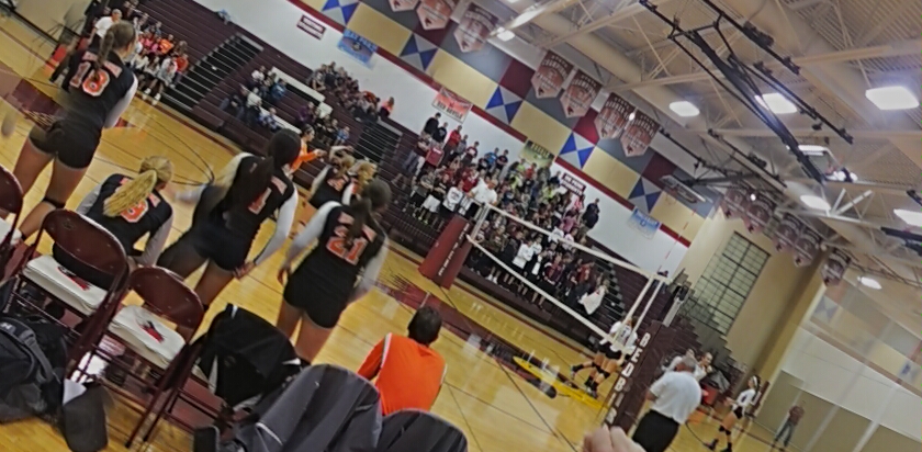 spectators and people in large gymnasium watching volleyball match