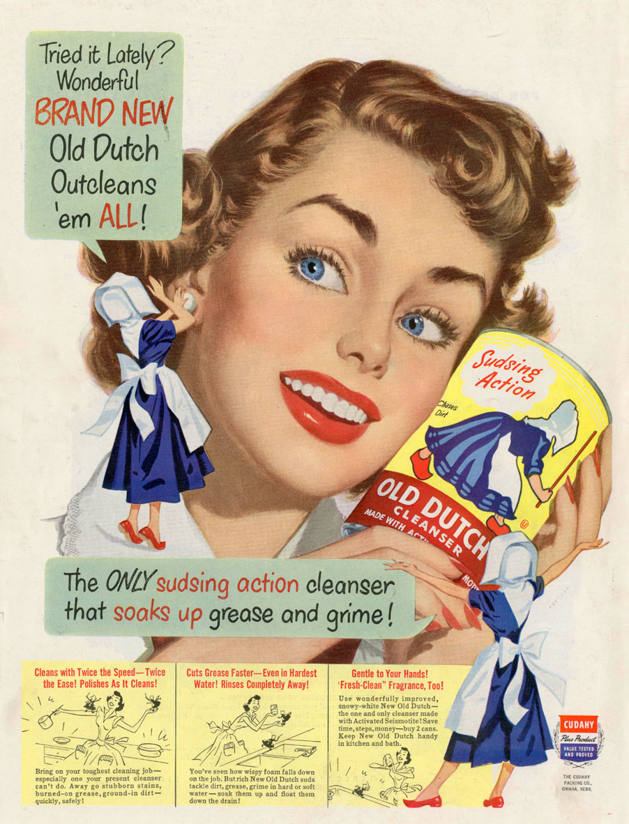 an advertit showing a woman holding a toothbrush and soap