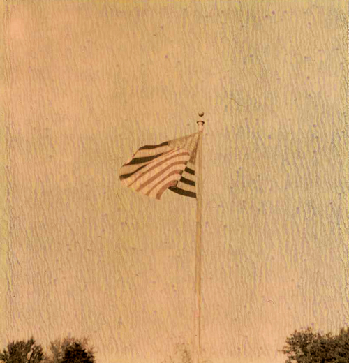 the american flag flies in the sky over trees