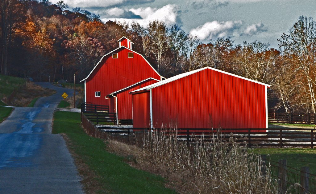 a red barn and road in an autumn day