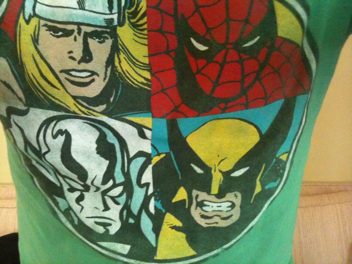 this is a po of someone's shirt that shows the avengers and captain america characters