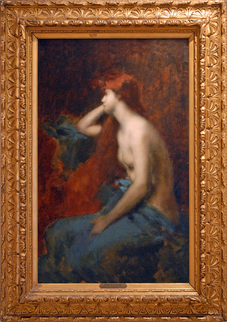 a painting of a young woman seated on a rock with her arms extended out