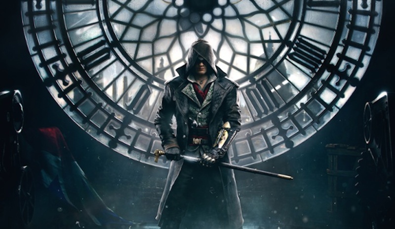 a man holding a sword standing in front of a clock