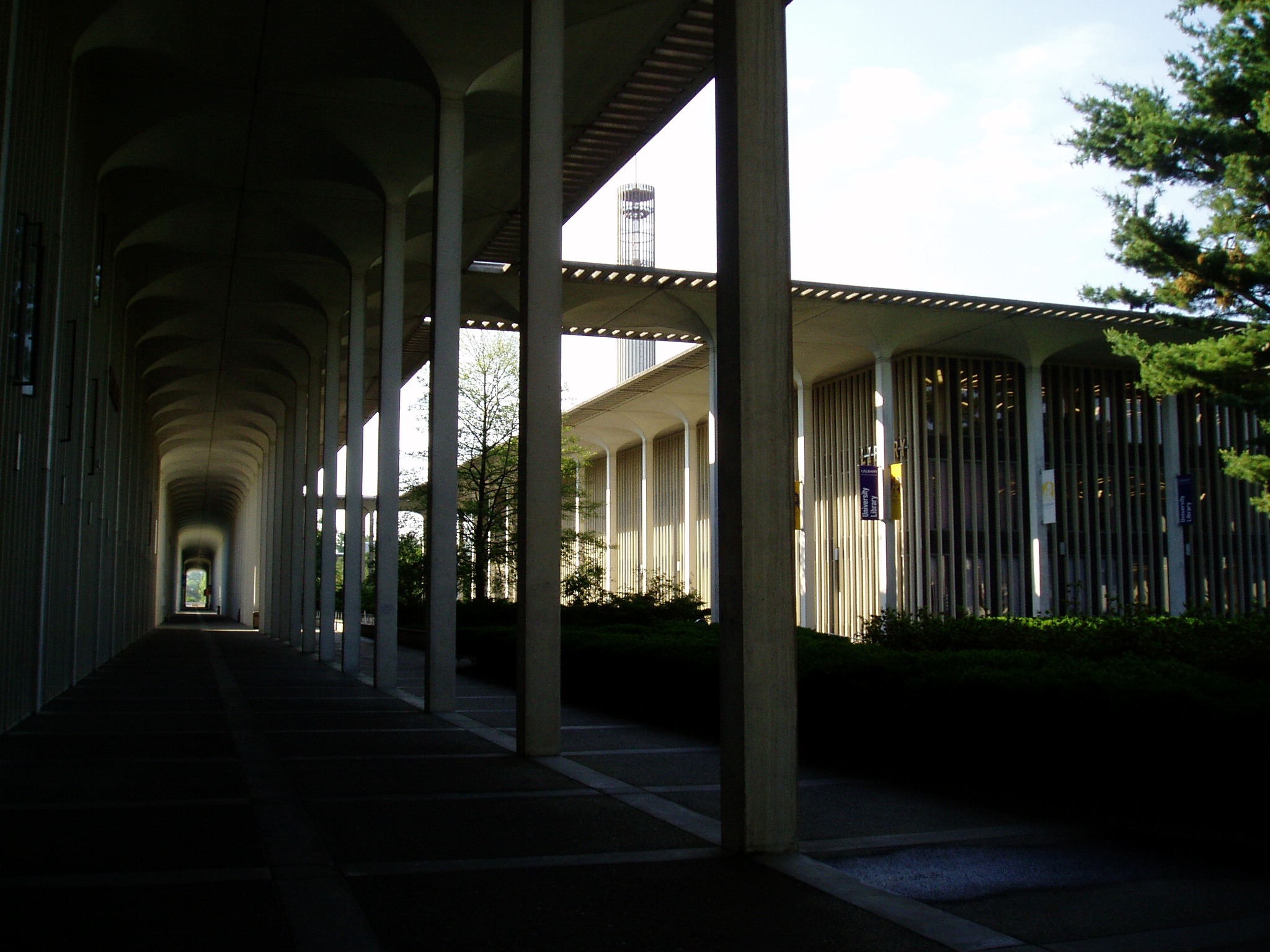 a walkway lined with arches leading up to a building