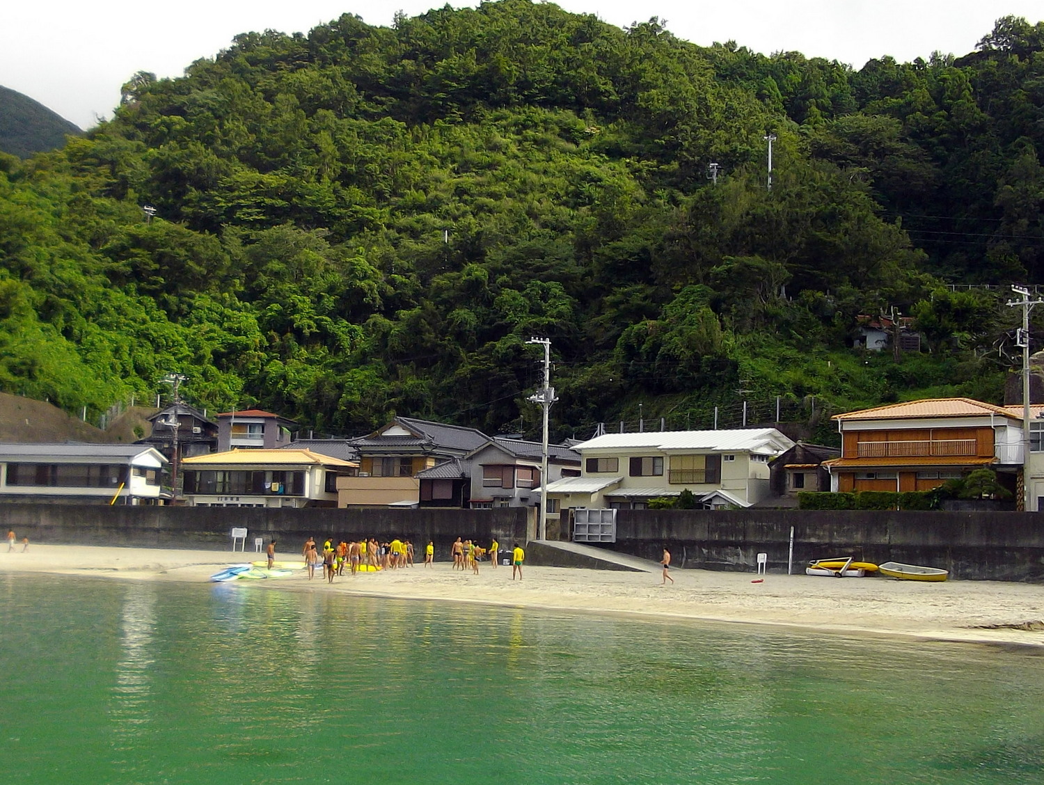 several houses are built on the beach of a wooded area