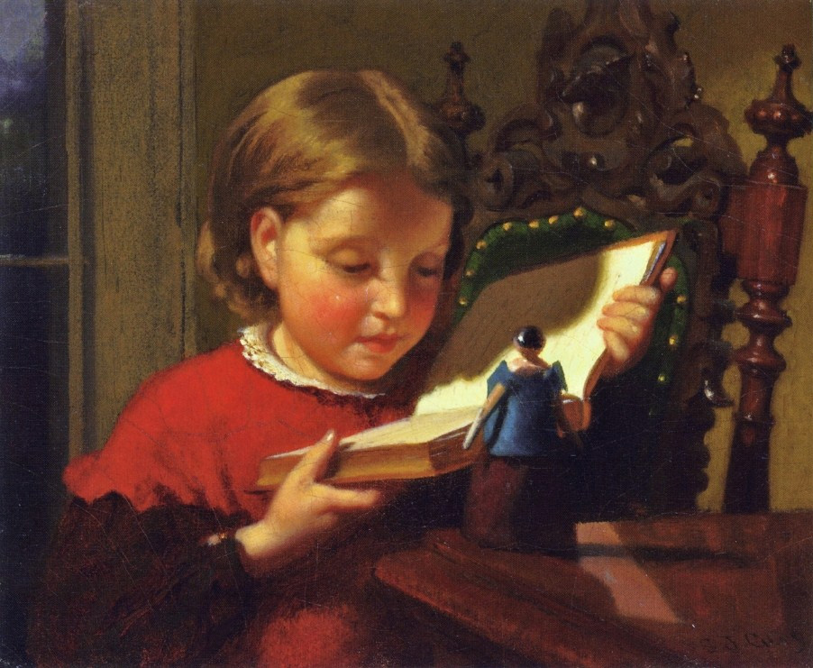 a painting of a  reading an open book