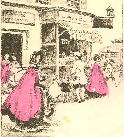 this drawing shows an old fashion lady in pink clothes