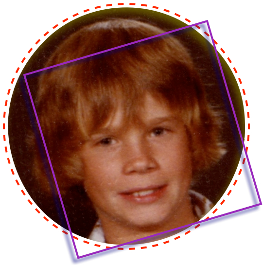 a little boy with brown hair in a square purple and red frame