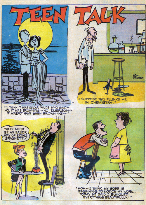 a comic strip about teen talk with an elderly man