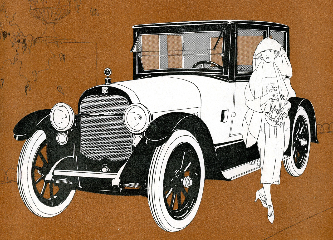 black and white drawing of an old fashion car on tan background