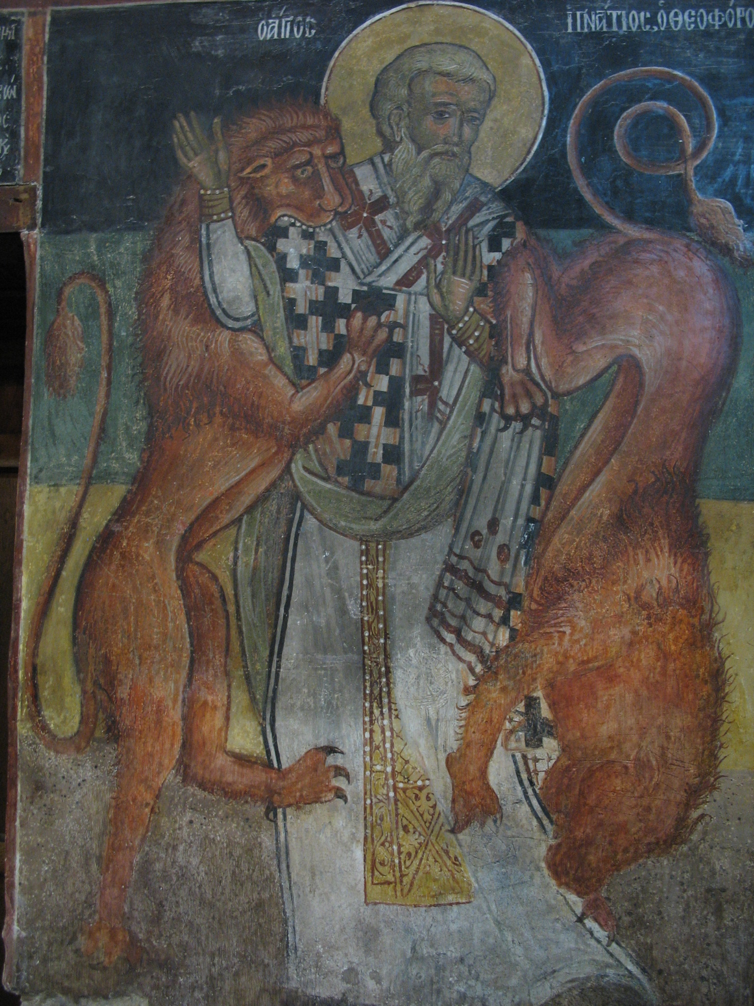 a painting depicting a man holding two lions