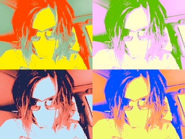 four color pop art pos of a woman using her phone