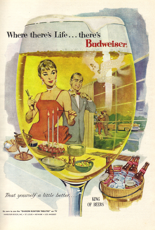 an ad from a magazine showing two people standing in front of a large glass