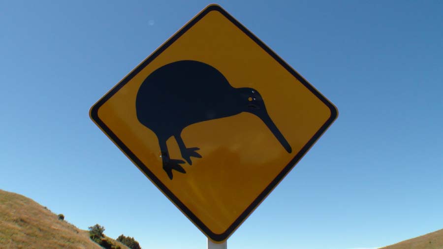 a yellow sign with an image of a bird on it