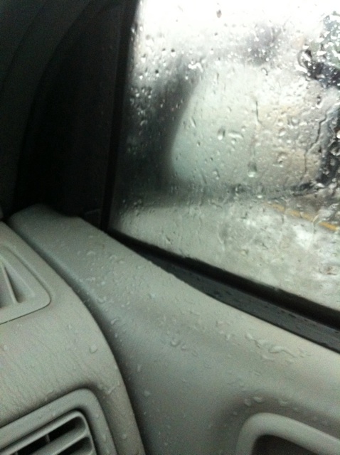 a car's windshield with rain drops on it