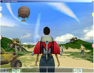 the wii screens of a man wearing a red shirt with an in the air vehicle on the left and two  air balloons above him