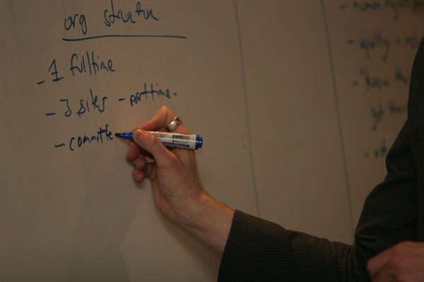 a person writing on a white board with a marker