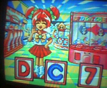 a cartoon girl standing in front of a slot machine