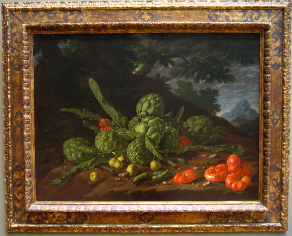 a painting with green vegetables and other fruit and veggies