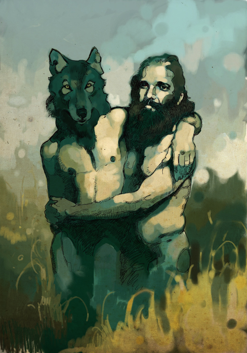 an art image shows a bearded man holding a dog in the park