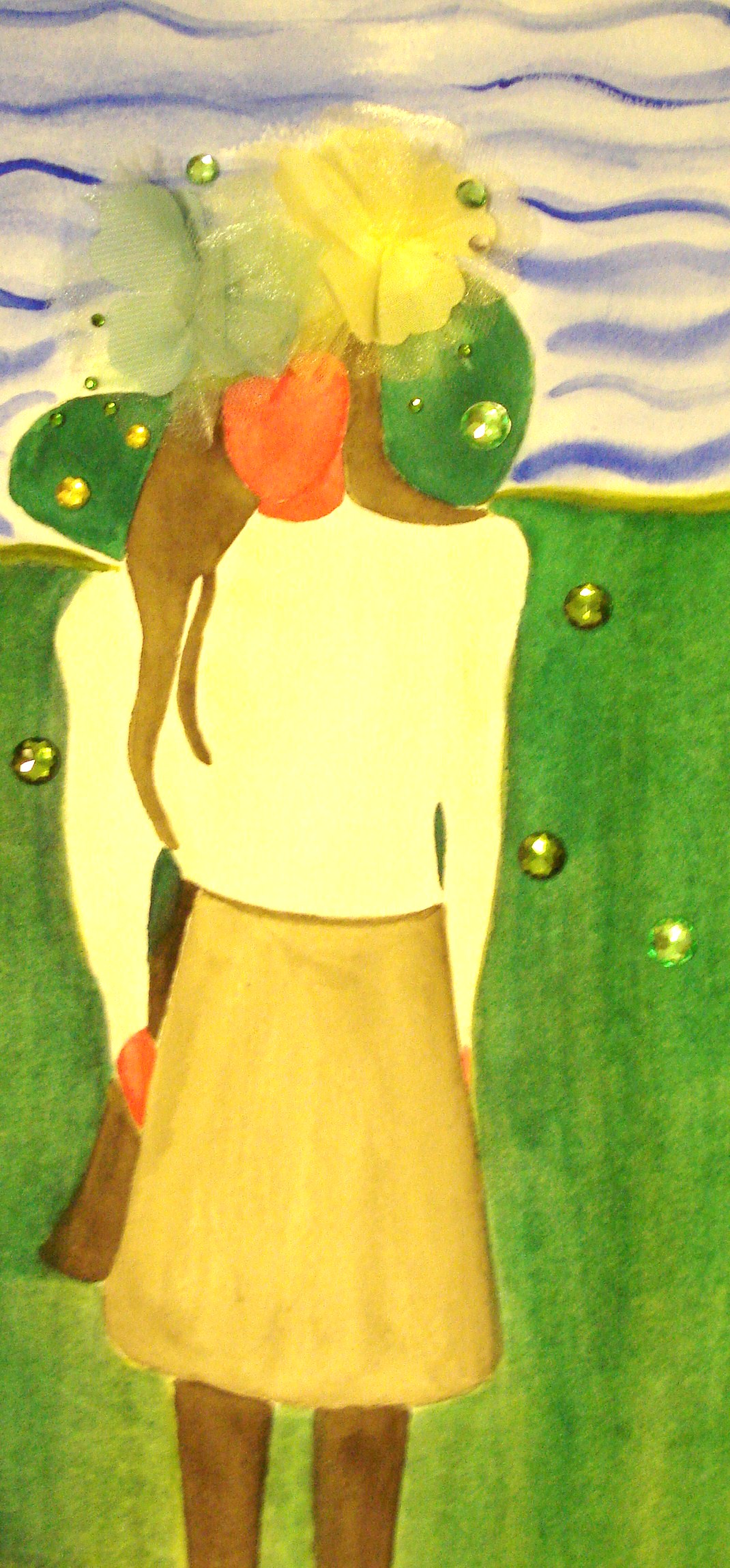 a painting of a woman in a white shirt and a brown skirt