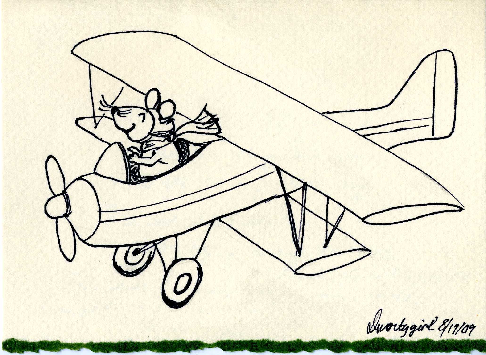a drawing of a mouse flying on an airplane
