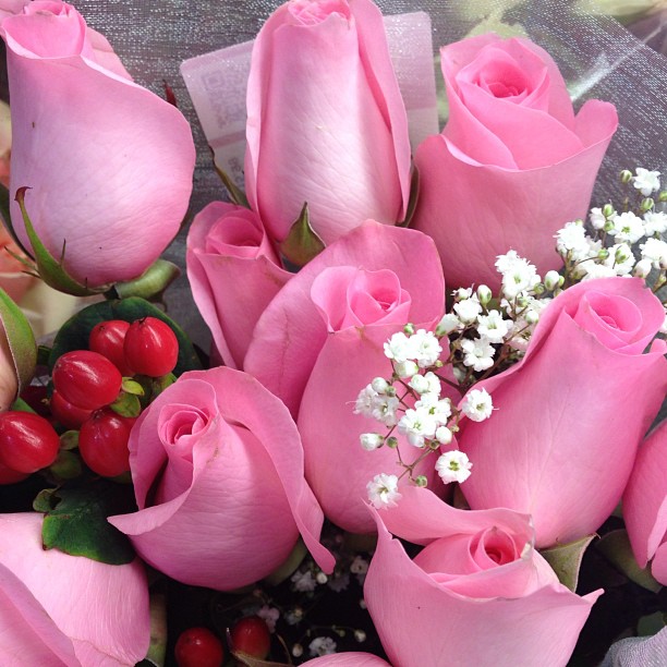 a person's hand is holding a bouquet of pink roses