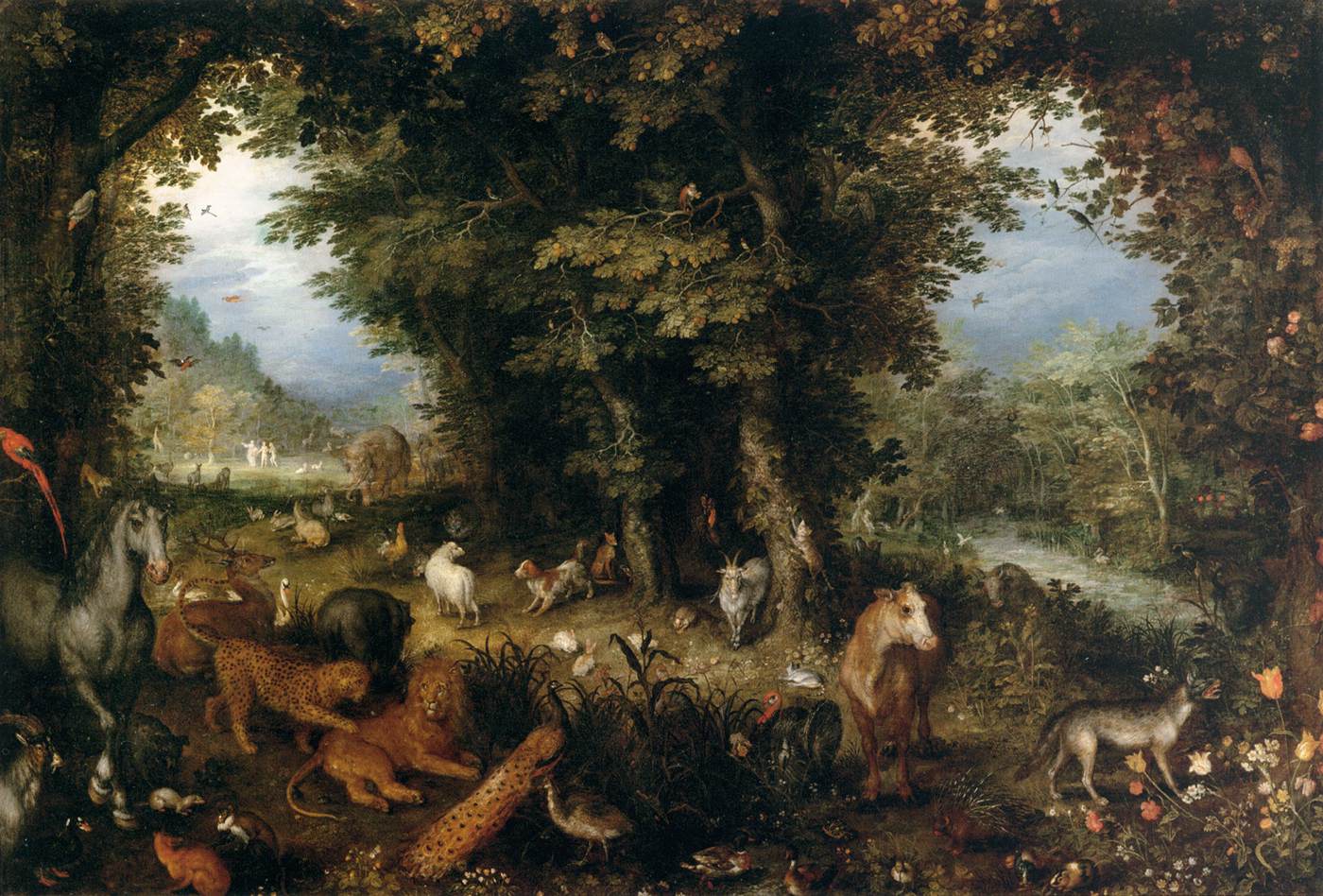 a painting of several animals and their babies on a wooded ground