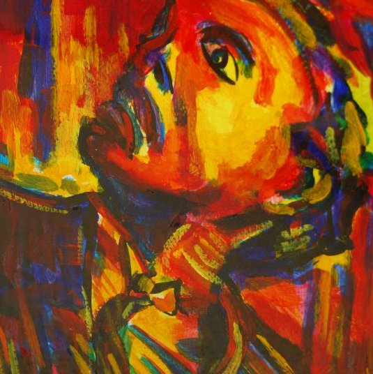 an abstract painting of a woman in red