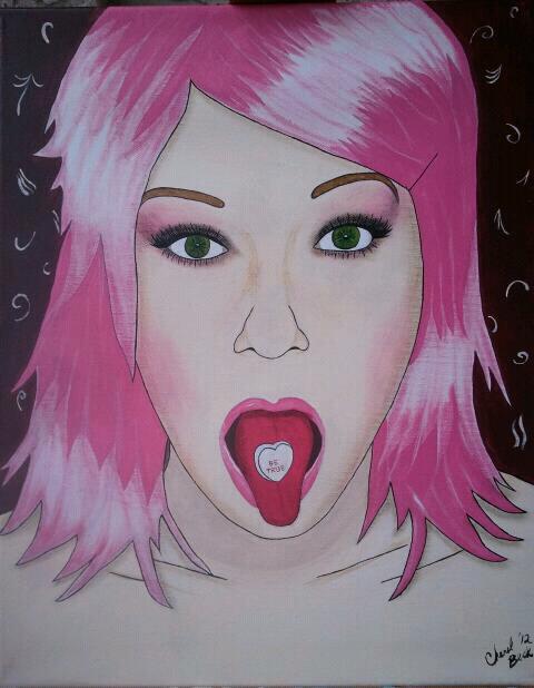 a painting of a young person with pink hair and tongue open