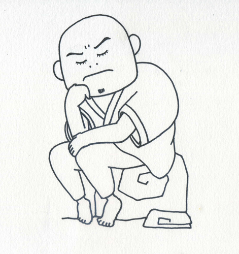 a drawing shows a man sitting with a hand in his lap