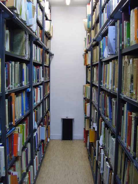 a narrow room full of books in a liry