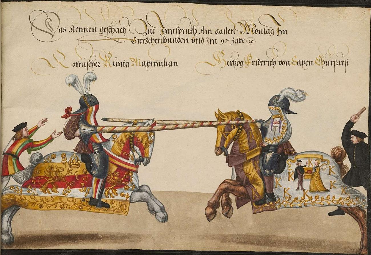 an illuminated drawing of a jousting couple