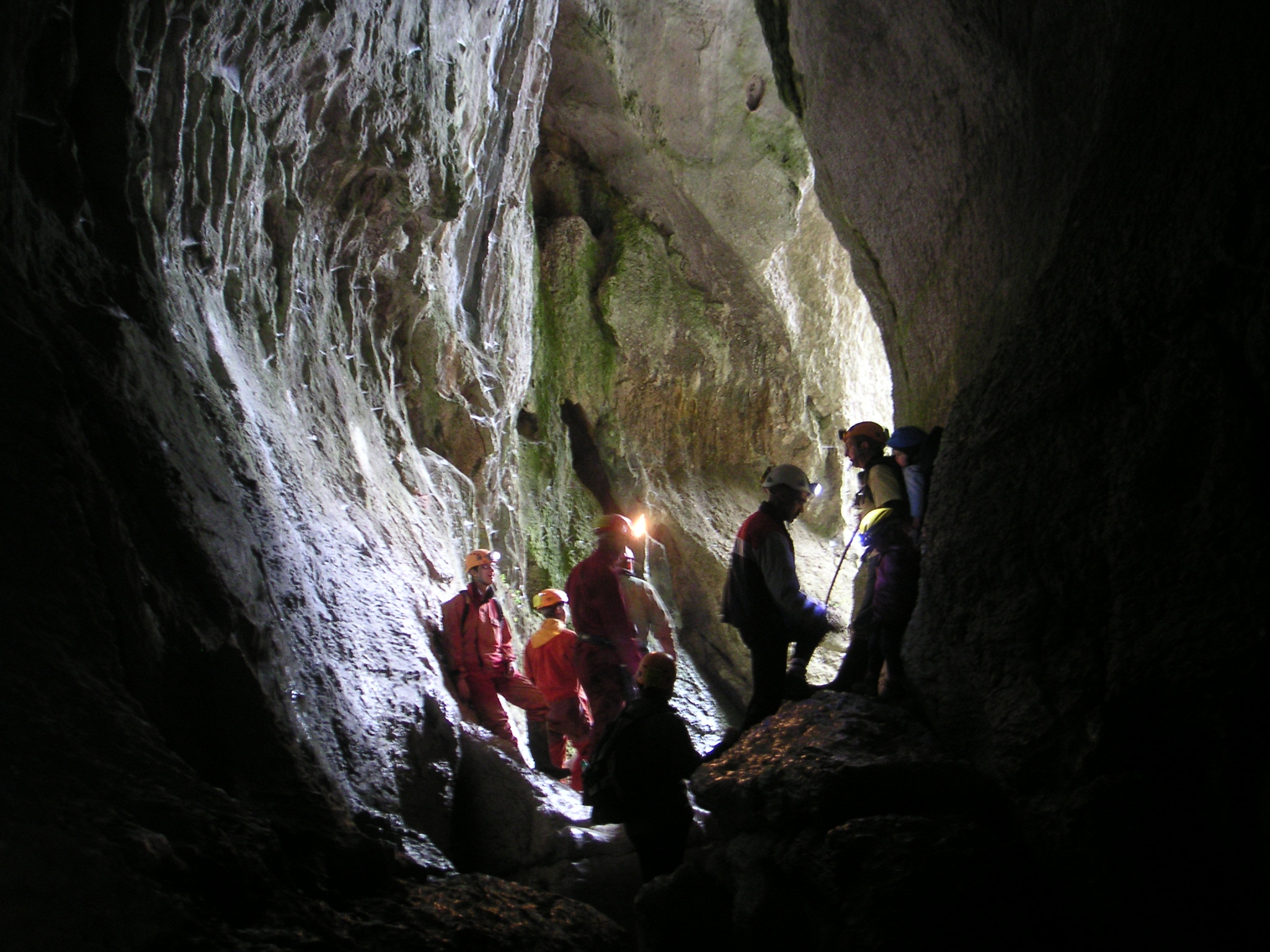 several people are standing in the dark of a cave