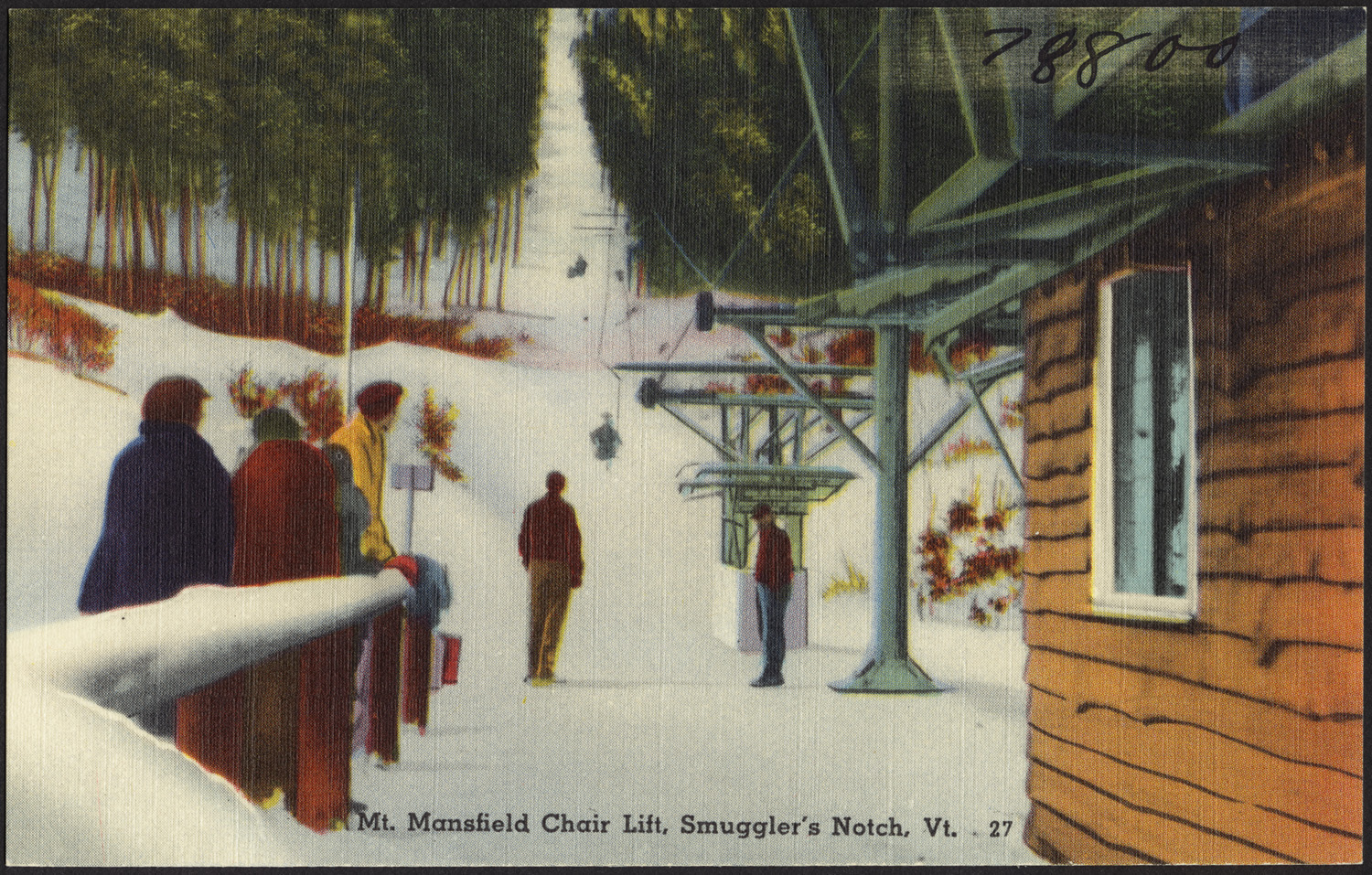 a painting of people on skis in the snow at a ski lift