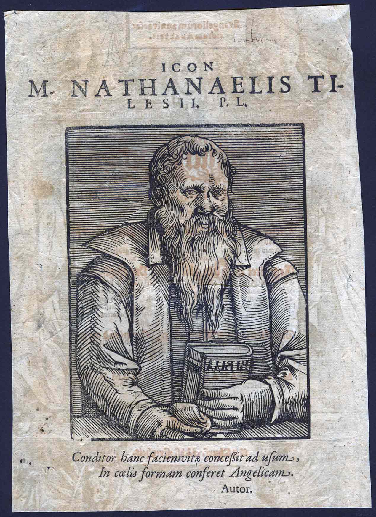 an old paper with a drawing of a bearded man