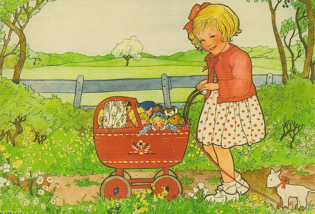 there is a drawing of a girl hing a stroller filled with toys