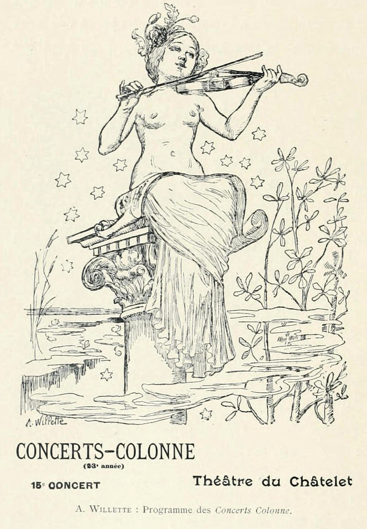 a book page with a drawing of a woman playing violin