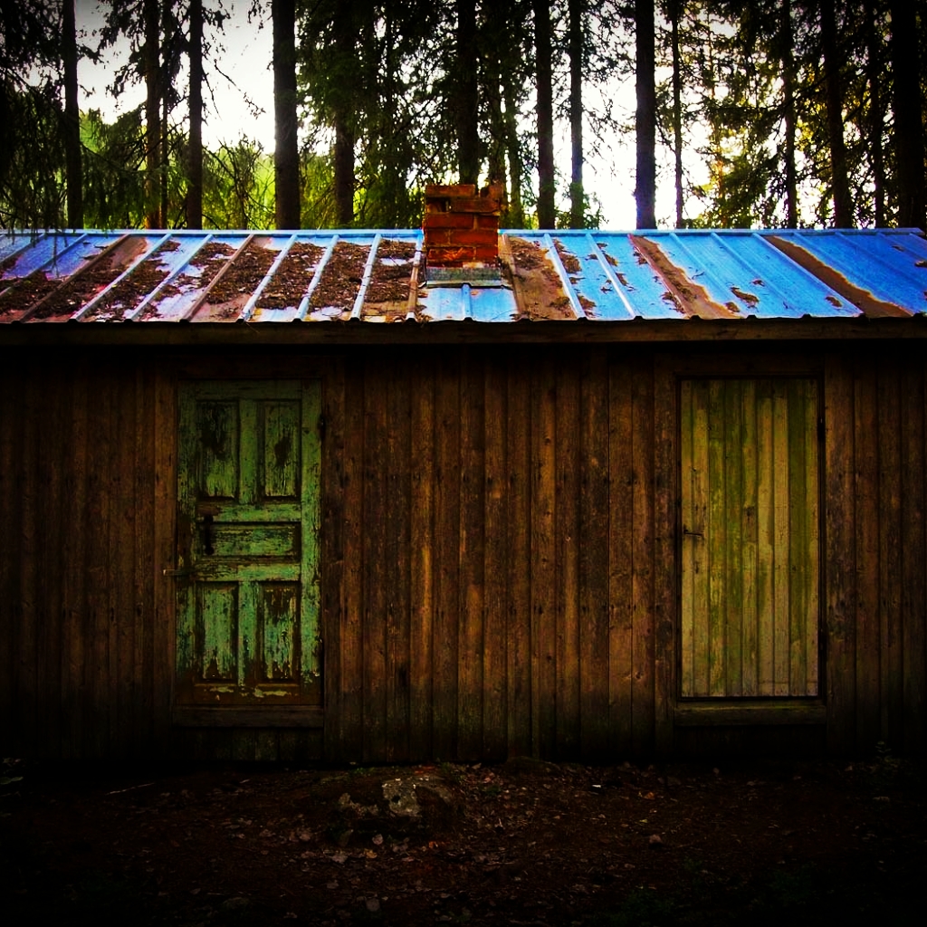 a old weathered building with an open door and rusty corrugated tin roof