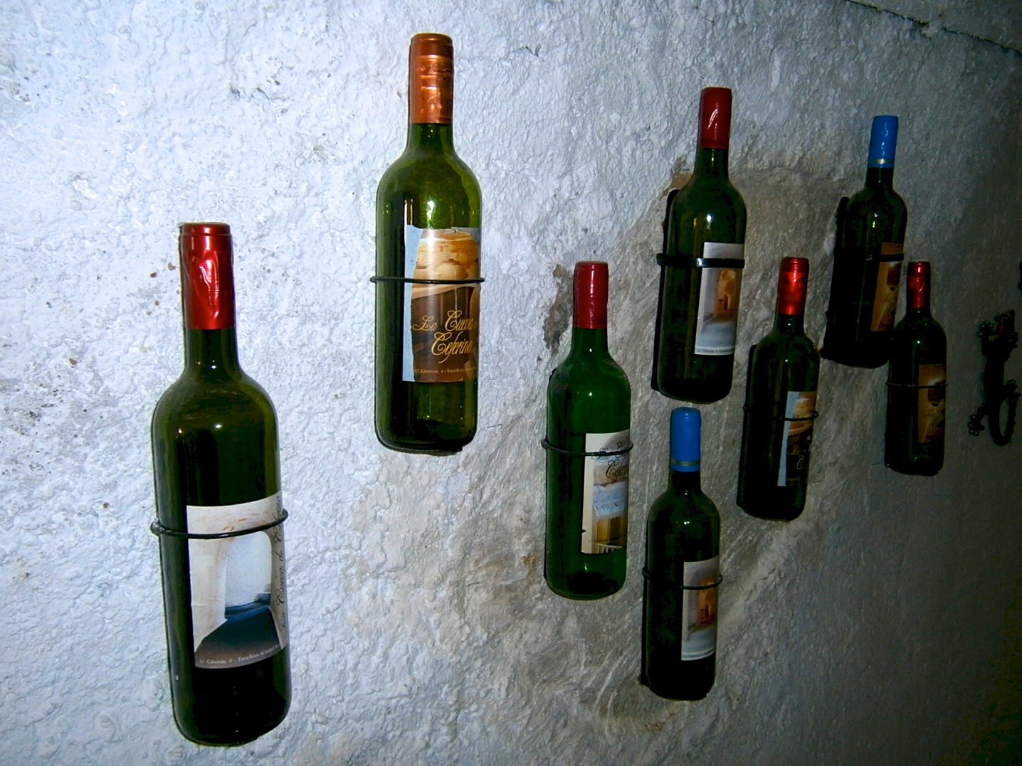 bottles of wine are hung to the wall for drinks