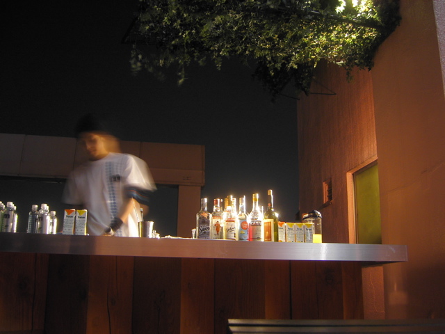 a bar with a blurry person near a counter