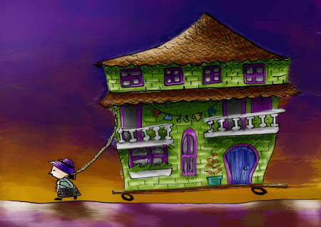 there is a man walking by a colorful house