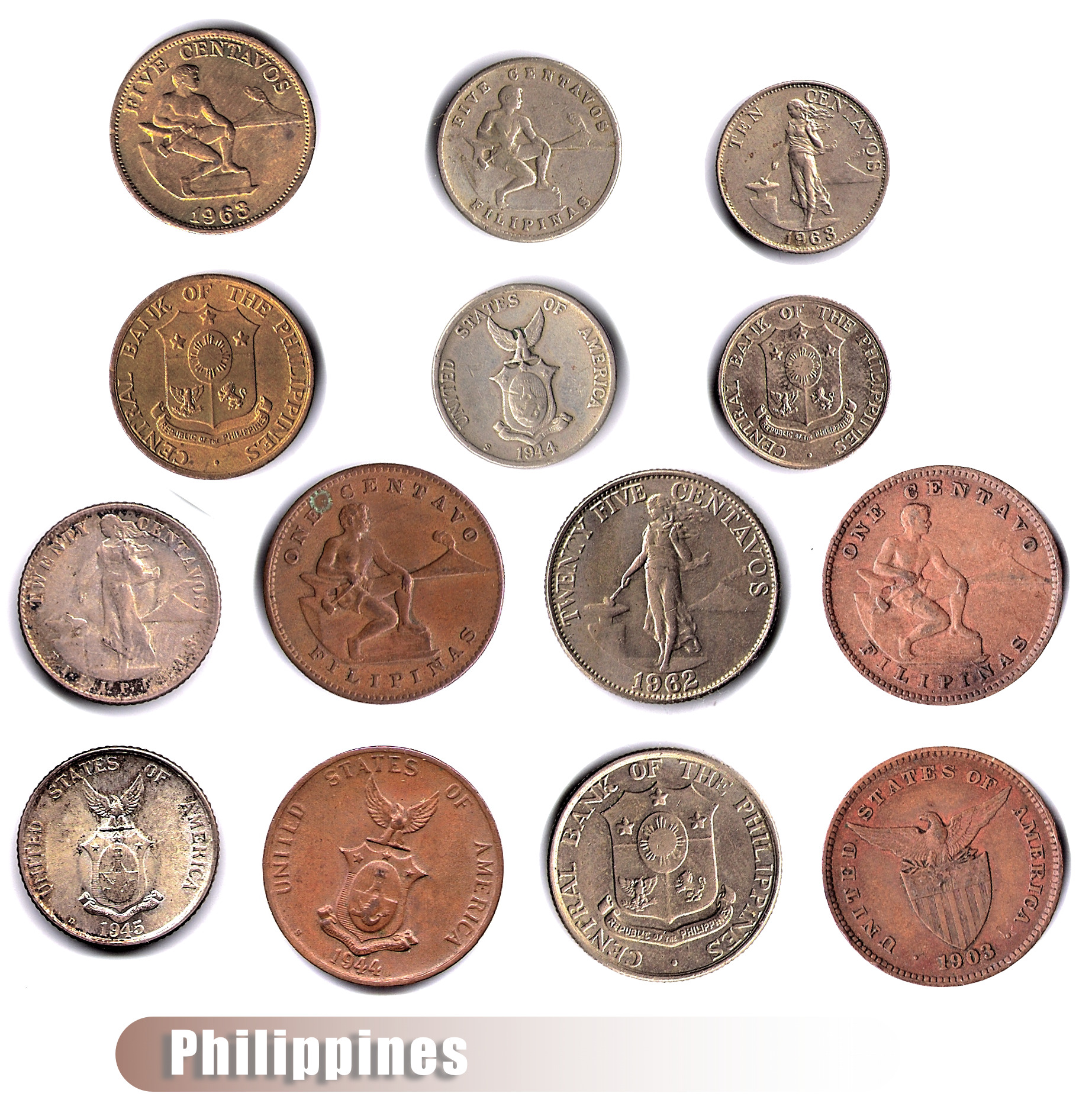 philippines coins arranged in groups with the words philippines