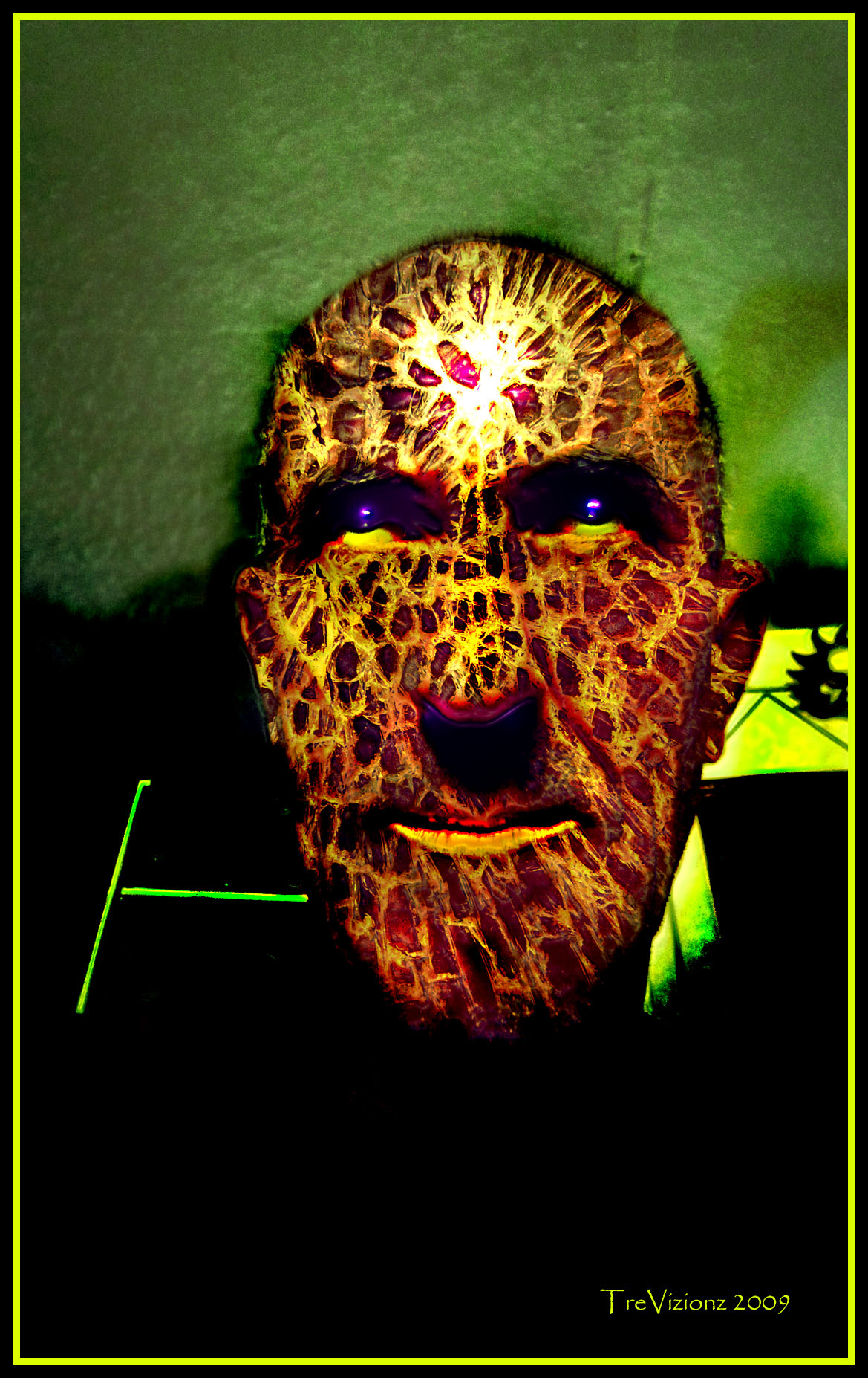 a face covered in animal skin that has a glowing face