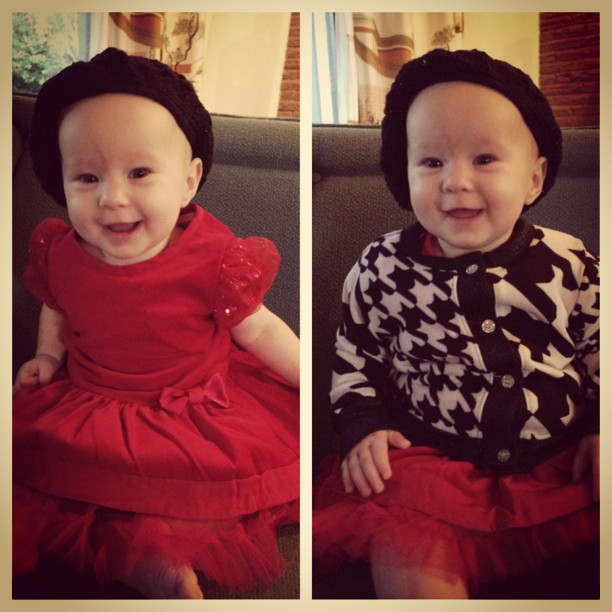 two different ss of an infant wearing a red dress