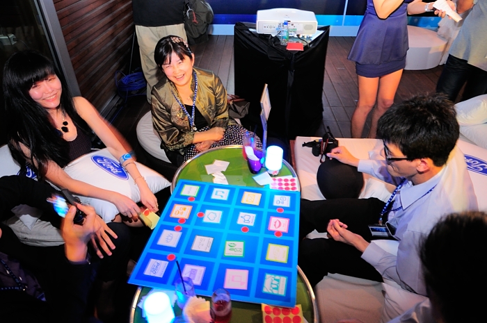 a group of people sitting at a table with a game