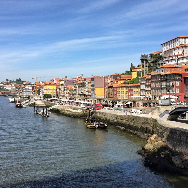 a river runs alongside a village filled with buildings