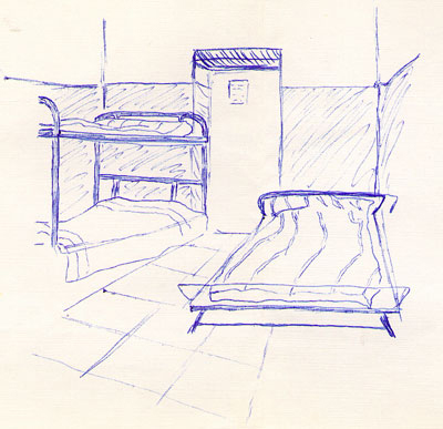 a sketch of a bedroom with a cot