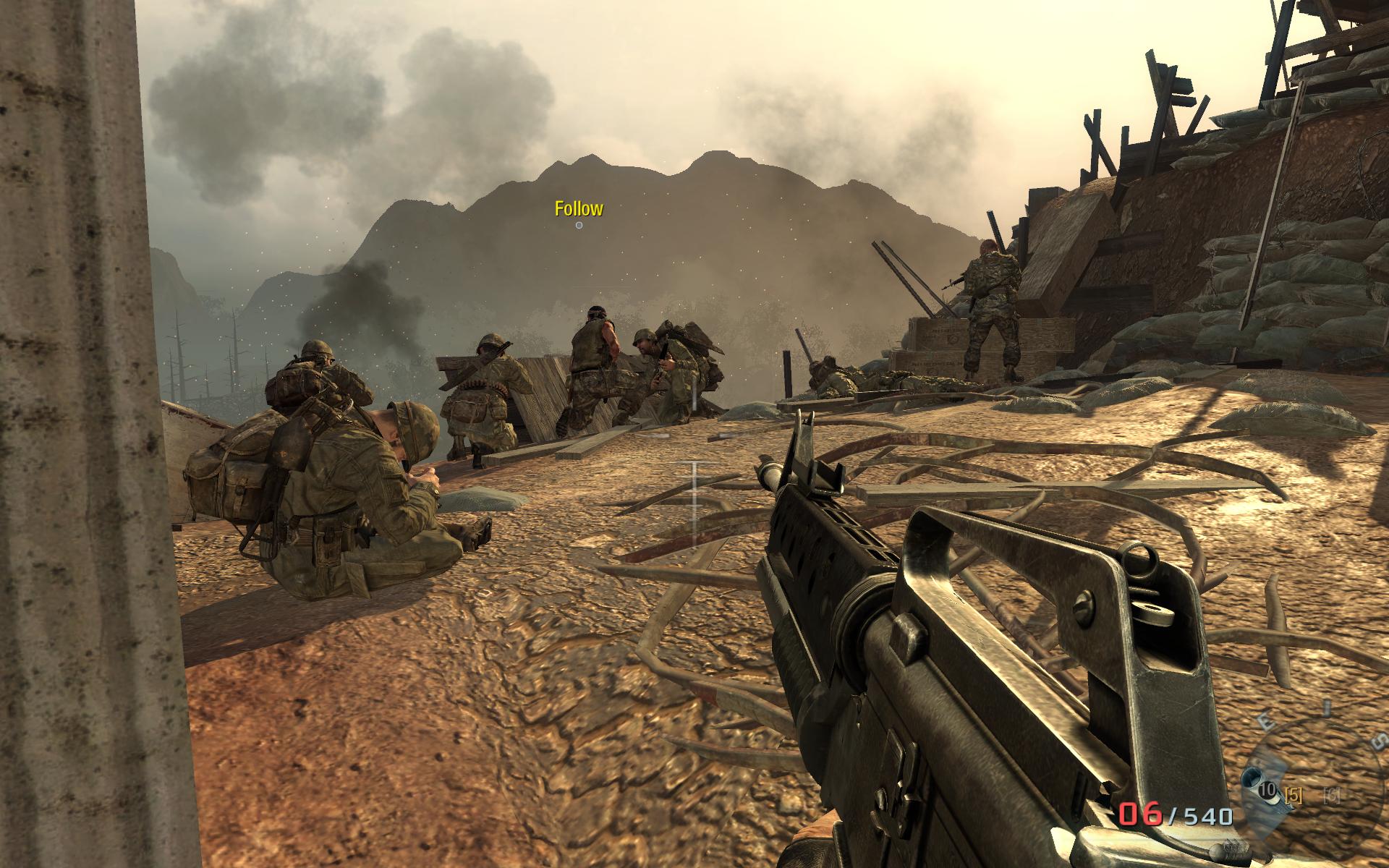 a video game showing soldiers walking across a field