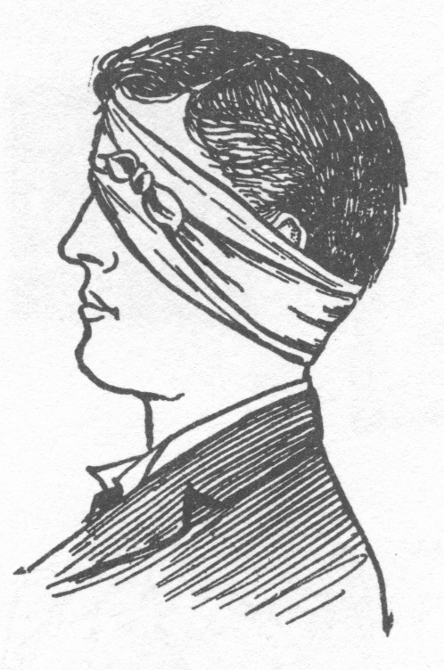 the sketch of the headgear on this picture shows a blindfolded man